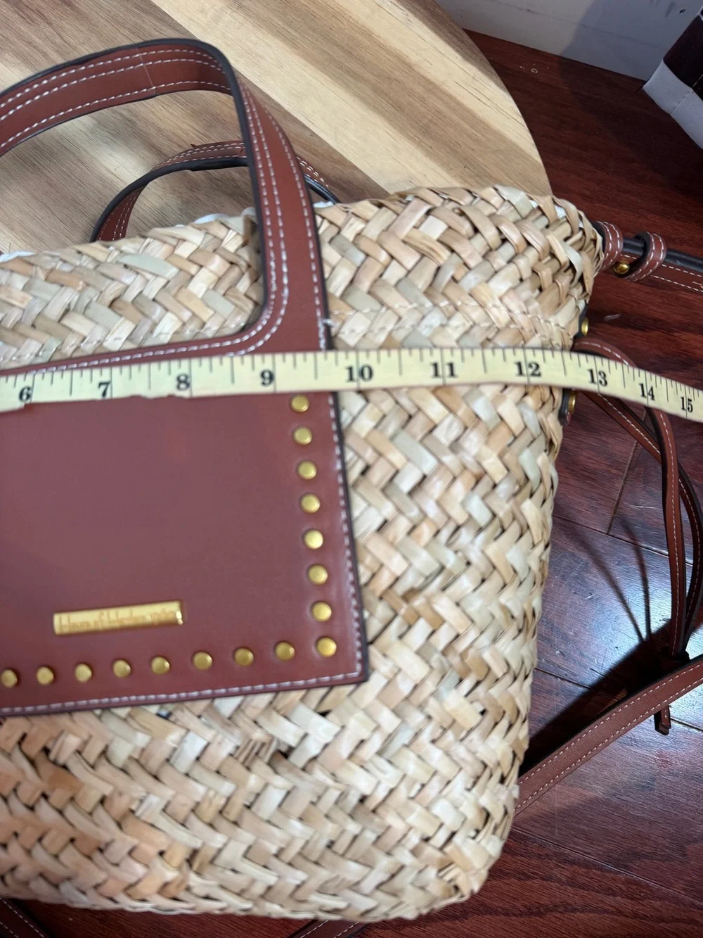 House of Harlow 1960 Woven Straw Basket Bag Brown Leather Studded Crossbody Tote